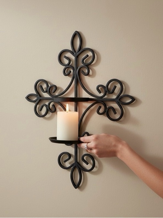 Other - Black Wrought Iron Fleur De Lis Cross Wall Sconce Pillar Candle Holder 19in